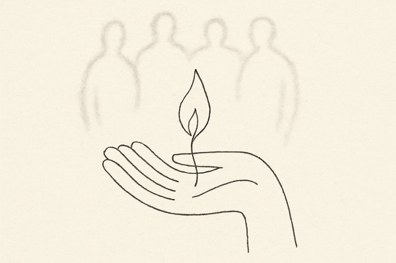 Une main esquissée tient une petite flamme stable au milieu d’un groupe flou, figurant le soin émotionnel discret qui maintient l’équilibre collectif.